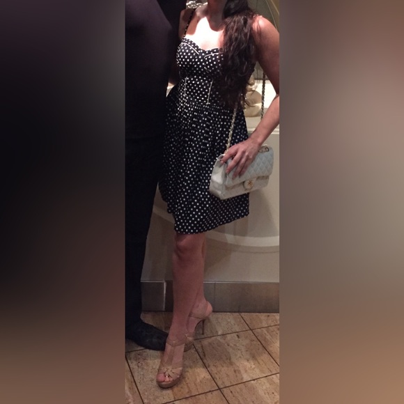 Navy Blue and White Polka Dot Fit and Flare Dress with Pockets - Picture 3 of 5